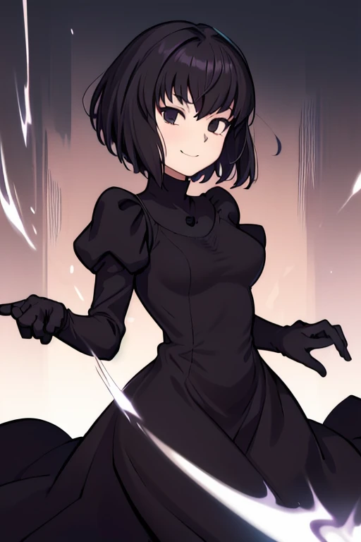 alicekuonji, smile, long black dress, puffy sleeves, black capelet, long black dress, black gloves, library, best quality 