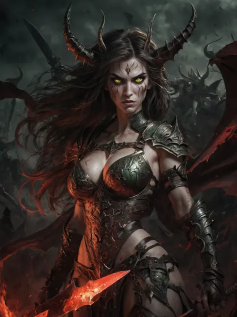 Illustrate a stunning movie poster for an epic fantasy trailer featuring Callizto, a night elf demon hunter. She is depicted with a fierce expression, her green eyes piercing through the darkness. large breast:1.8, cleavage, temptation, seduction, eat your...