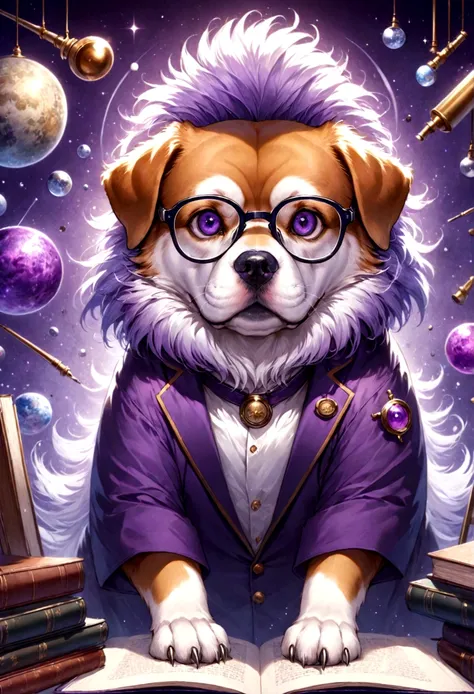 Create an image of a dog with a unique perspective and active intellect, symbolizing the traits of a logician. The dog should have an intelligent and curious expression, wearing a pair of glasses to emphasize its scholarly nature. The scene should include ...