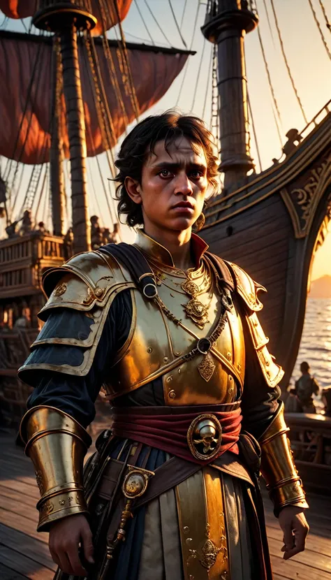 As the sun began to set, The warm golden hues of the sun illuminated his ornate attire, casting a warm glow across the area, Julius Caesar writing poetry on a pirate ship, background dark, hyper realistic, ultra detailed hyper realistic, photorealistic, St...