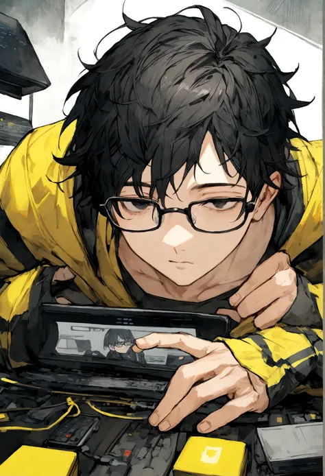 male with short black hair, black eyes, lack of sleep, black-rimmed glasses, black and yellow sportswear, likes computers