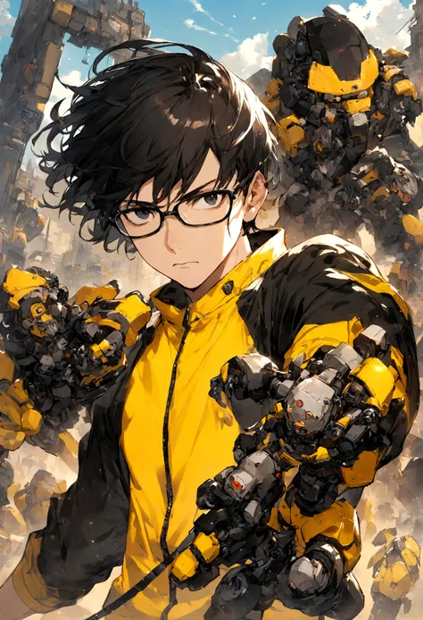 male with black hair, short hair, black eyes, black-rimmed glasses, wearing black and yellow sportswear, making robots