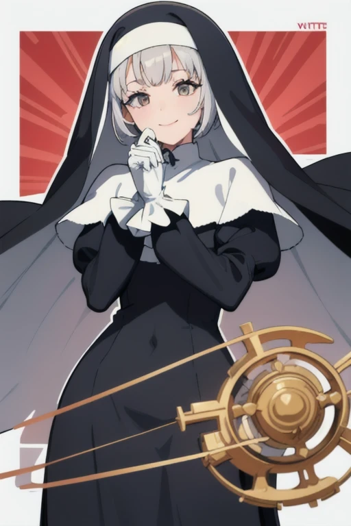 girl1, solo, smile, nun, nun outfit, vail cover her face, puffy sleeves, cape ,long skirt, white gloves, park