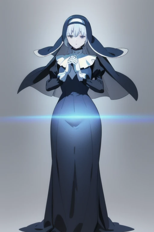 girl1, solo, nun, blue nun outfit, puffy sleeves, blue cape ,blue long skirt, white gloves, long deep black veil, vail cover her face,look at viewer) ,no face detail, vail covered face, (perfect skin),(no emotion ), anime, (full body) 