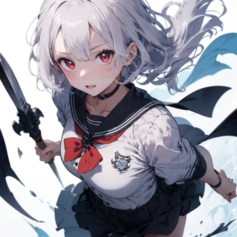 (((1girl)))、(Masterpiece, highest quality、The best dynamic composition、Official Art),(Detailed Hair), Super detailed, Anime Style, whole body, High school girls、Wearing a black sailor suit、Milky white hair with red inner color、short hair、Red eyes、 Wearing ...