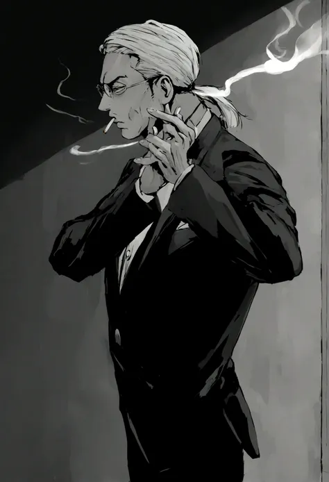 villano, animado, a man in glasses smoking a cigarette in a dark room, estilo manga en blanco y negro, el esta fumando un cigarrillo, fumando un porro, dramatic smoking pose
