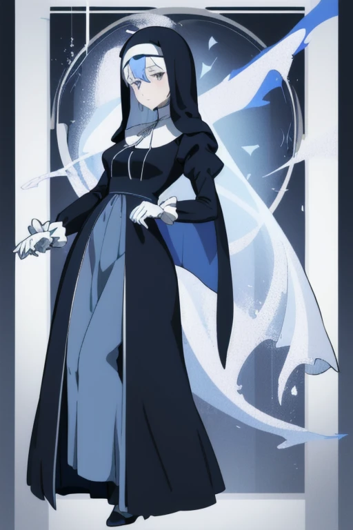 Mature women, nun, blue nun outfit, puffy sleeves, blue cape ,blue long skirt, white gloves, long deep black veil, vail cover her face,(look at viewer) ,no face detail, vail covered face, (perfect skin),(no emotion ), anime, (full body) 