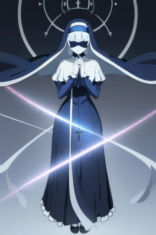 Mature women, nun, blue nun outfit, puffy sleeves, blue cape ,blue long skirt, white gloves, long deep black veil, vail cover her face,(look at viewer) ,no face detail, vail covered face, (perfect skin),(no emotion ), anime, (full body) 