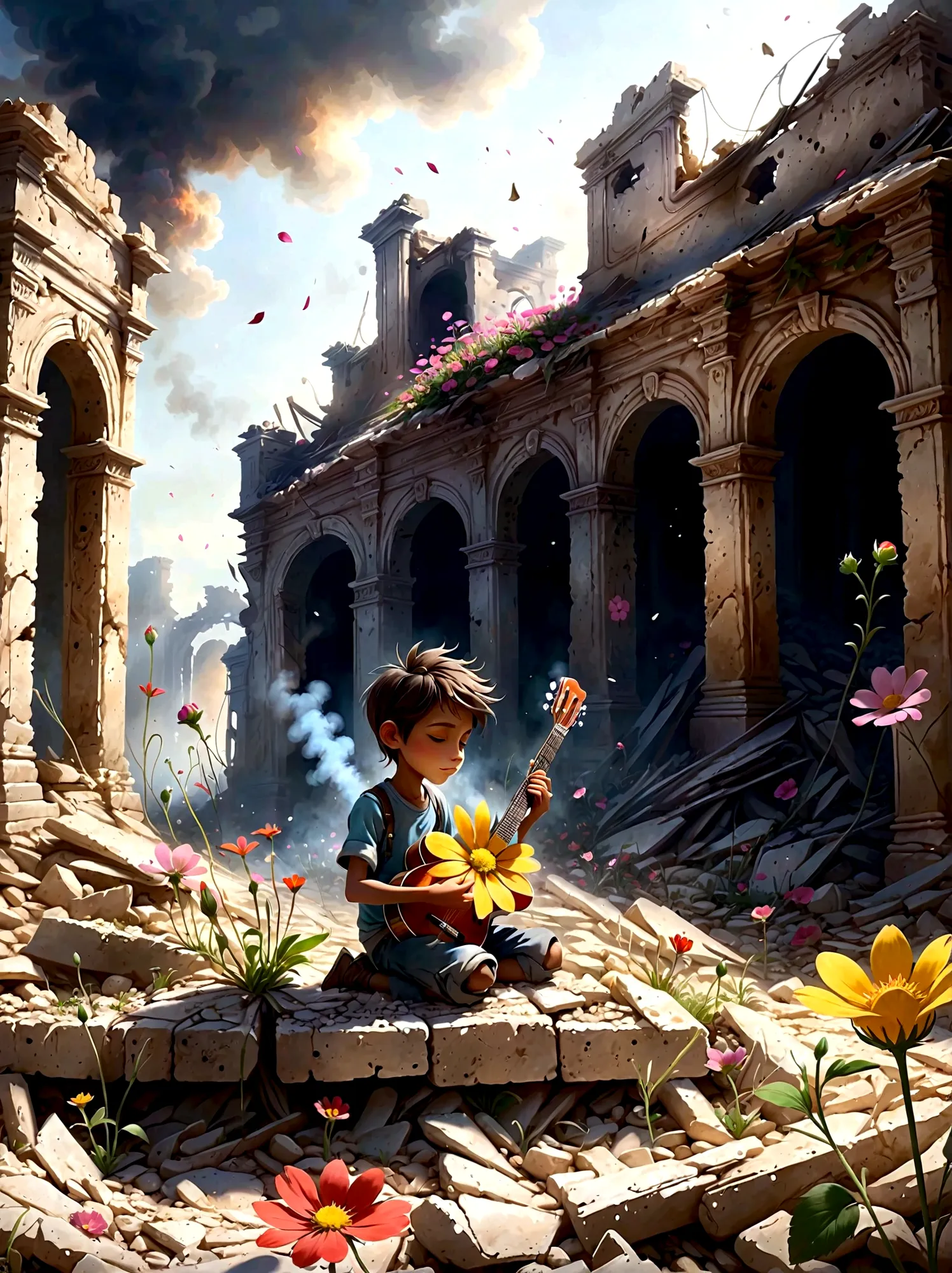 In the midst of a war-torn, smoky ruin, a child is playing a guitar. The scene captures the stark contrast between the devastation of the surroundings and the innocence of the child. The ruins are filled with debris and remnants of buildings, with smoke an...