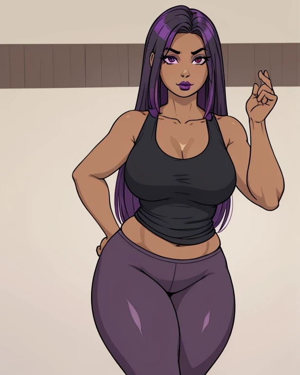 a 42-year-old Latina woman, (tan-bronze skin:1.5), purple lipstick, purple mascara, purple eyeshadow, she is wearing a black tank-top and shiny purple leggings, she have long black hair with purple highlights, amber colored, wide hips, eyes, she has a wide...