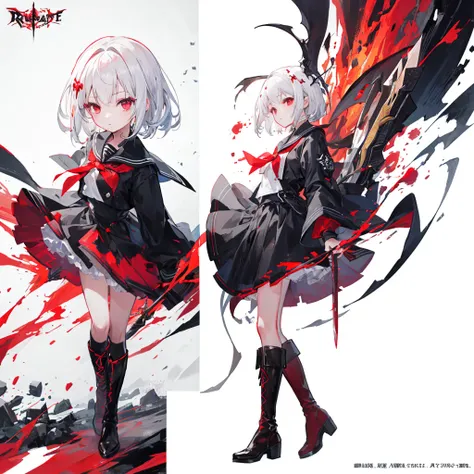 (((1girl)))、(Masterpiece, highest quality、The best dynamic composition、Official Art、ultra detailed),(Detailed Hair), Super detailed, Anime Style, whole body, High school girls、Wearing a black sailor suit、Milky white hair with red inner color、short hair、Red...