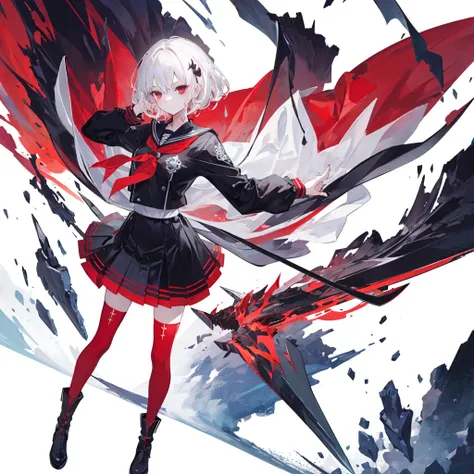 (((1girl)))、(Masterpiece, highest quality、The best dynamic composition、Official Art、ultra detailed),(Detailed Hair), Super detailed, Anime Style, whole body, High school girls、Wearing a black sailor suit、Milky white hair with red inner color、short hair、Red...