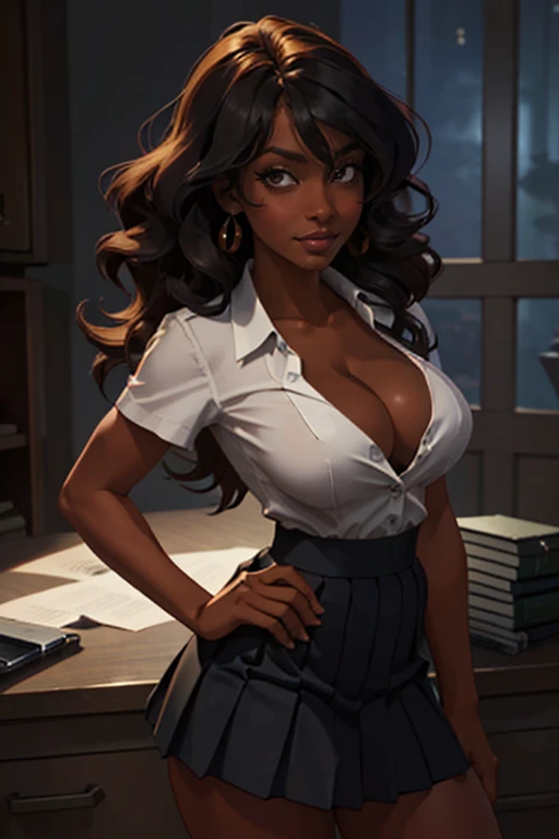 (masterpiece, best quality), 1girl,    owari_akane, (dark skin, dark-skinned female:1.4), large breasts, cleavage, long hair, shirt, collarbone, hair between eyes, skirt, white shirt, navel, collared shirt, short sleeves, pleated skirt