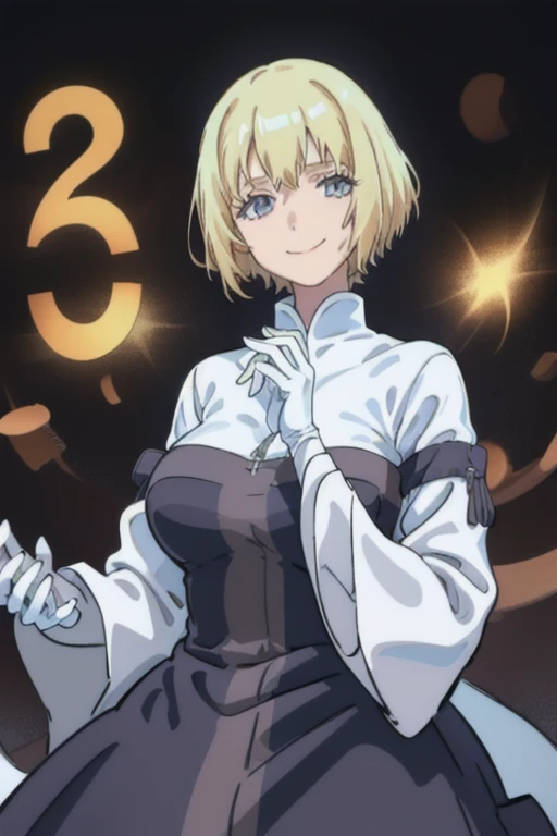 Solo, nun, smile, blonde hair, vail hair. long skirt, long sleeves, sleeves cover her hands, white gloves,