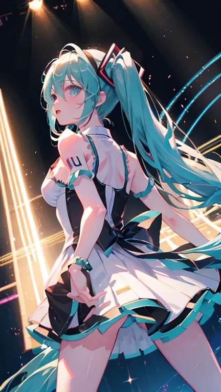 Hatsune Miku singing on stage in a dark disco with laser beams