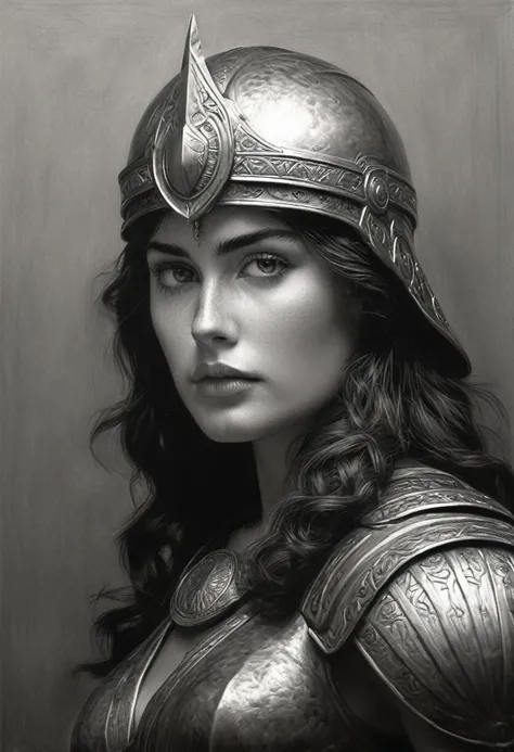 A hyper-realistic pencil drawing in grayscale of Athena, capturing the intricate details and fierce expression of the subject from a frontal perspective, similar to a portrait with a light gray background. The lighting is clear, illuminating the design wit...