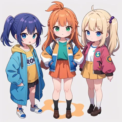 (((Best Quality))) , ((full body)), female, 3 girls, white background, random hairstyles, mini skirt, blue, orange, green, violet, brown, white, mess jacket,
