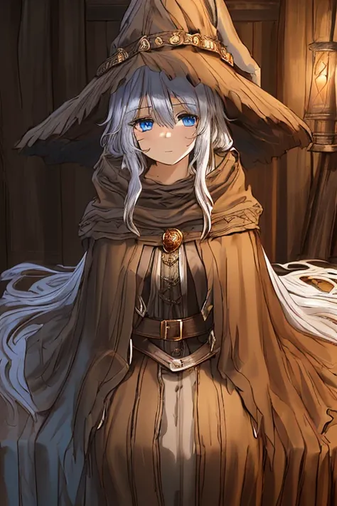 4k, HD, girl, Magic girl, big brown witch hat, witchs hat, brown overcoat, brown cloak, white hair, long hair, beautiful blue eyes, is in a tavern, 