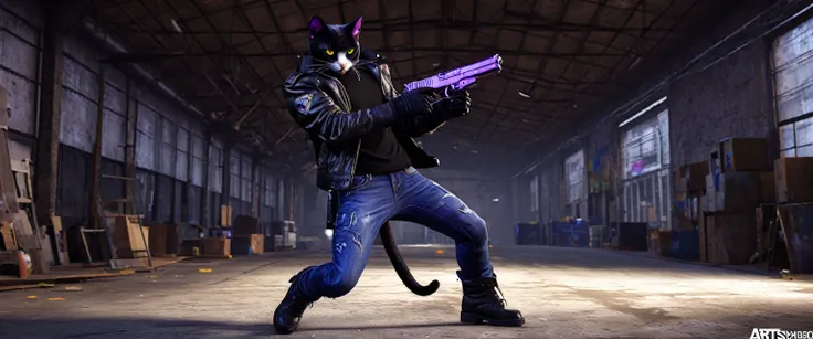 A black male anthropomorphic cat with purple eyes dressed in a leather jacket with a black shirt underneath blue jeans and combat boots in a rundown warehouse with a Glock 19 in his hands ready to fire, trending on Artstation Unreal Engine 3D shading shado...