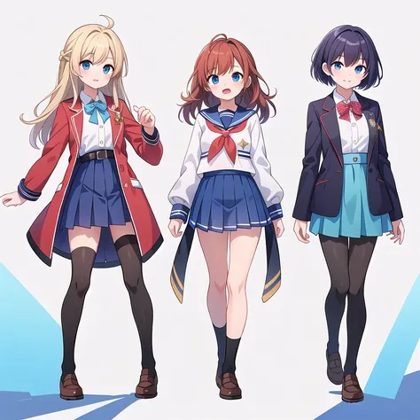 (((Best Quality))) , ((full body)), female, 3 girls, white background, random hairstyles, mini skirt,  mess jacket, magical school,
