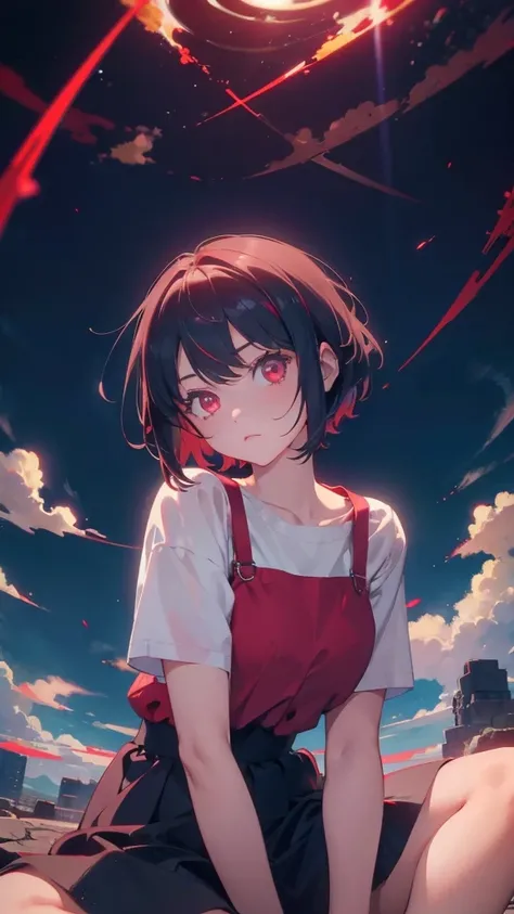 girl with short bob hair,Red eyes ,A shining heaven,in heaven,Sitting