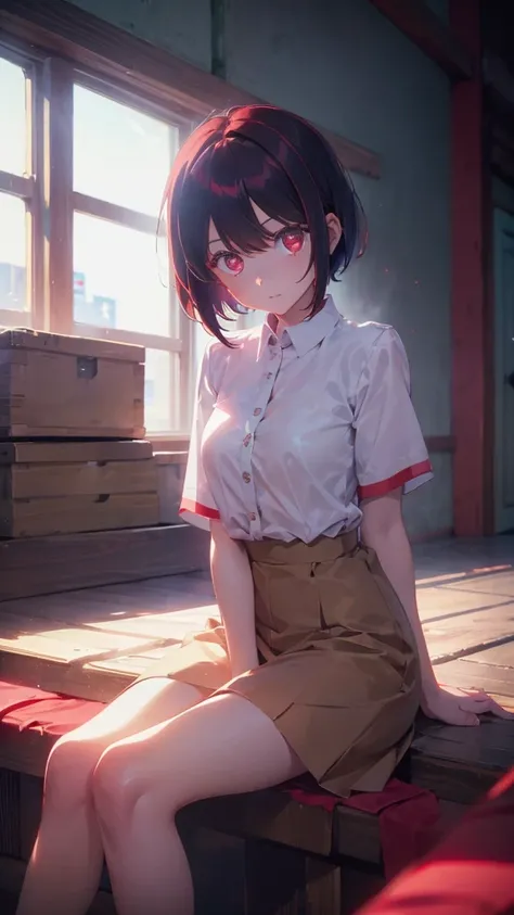 girl with short bob hair,Red eyes ,A shining heaven,in heaven,Sitting