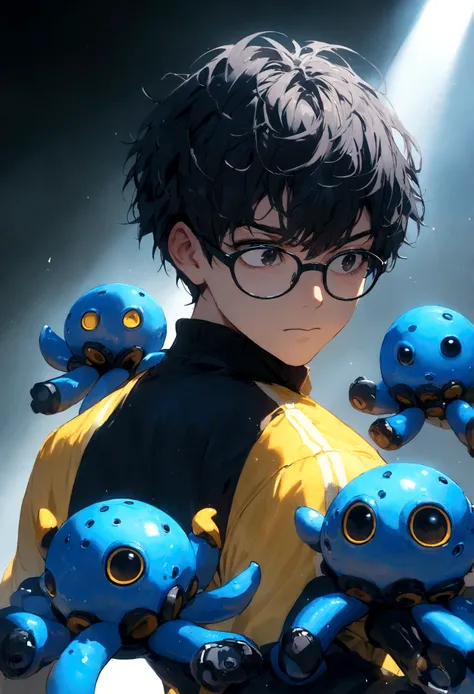 male with black hair, short hair, black eyes, black-rimmed glasses, wearing black and yellow sportswear, making a blue robot octopus