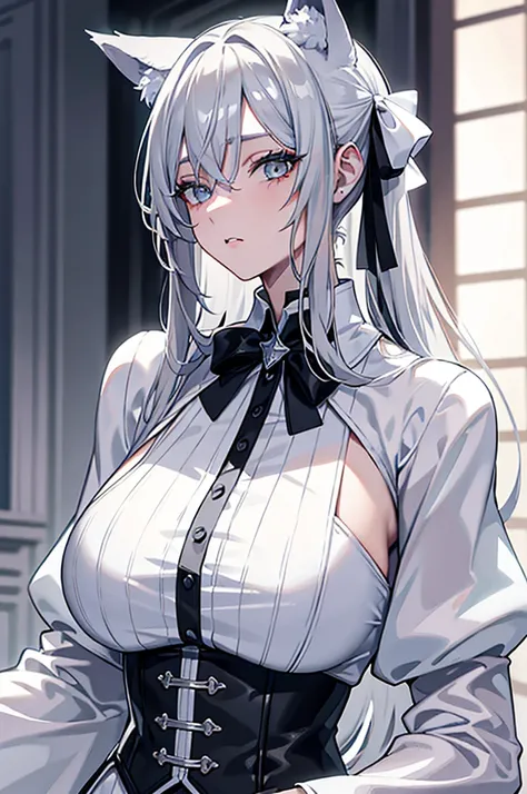 best qualtiy，tmasterpiece，The is very detailed，4K，Gray hair and shallow eyes，Drag cool expressions，Wolf ears，Erect scar on the left eye，British style，1girl，Absolutely beautiful, big bust, white costume, ear ribbon