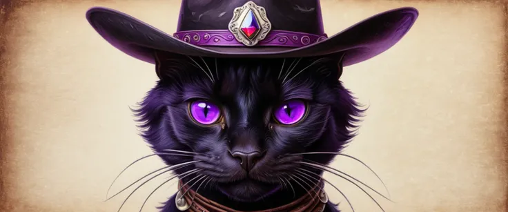 A portrait of a black anthropomorphic cat with purple eyes in a cowboy hat