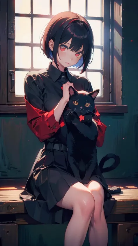 girl with short bob hair,Red eyes ,A shining heaven,in heaven,Sitting,Petting a black cat