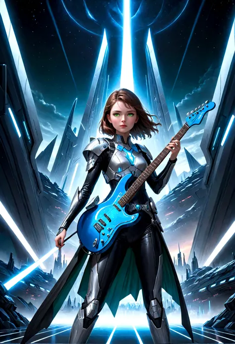 a beautiful young woman with brown hair, striking green eyes, detailed facial features, wearing a shimmering silver and blue sci-fi inspired costume, holding an electric guitar, standing on a neon-lit stage, dramatic sci-fi landscape of Alderaan in the bac...