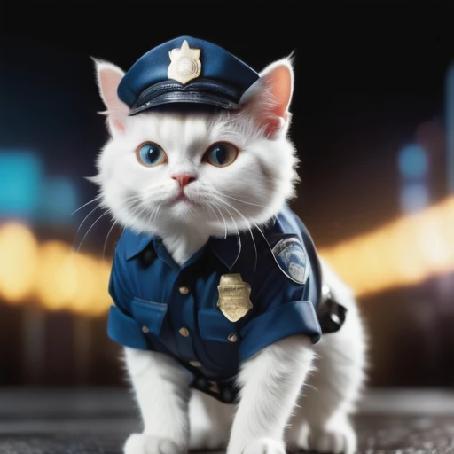 ((full body)), ((a normal cat dressed as a cop)), ((glow)) hyper-detail, hyper-realism, cinematic, action-packed background, (bokeh effect) 