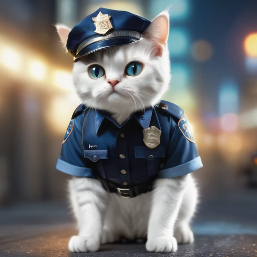 ((full body)), ((a normal cat dressed as a cop)), ((glow)) hyper-detail, hyper-realism, cinematic, action-packed background, (bokeh effect) 