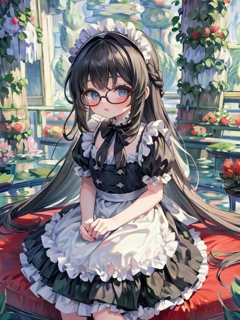 8k, (Monet:1.5), 9-year-old girl, black eye, Glasses, Black Hair, Long Hair, Braid, Black maid outfit