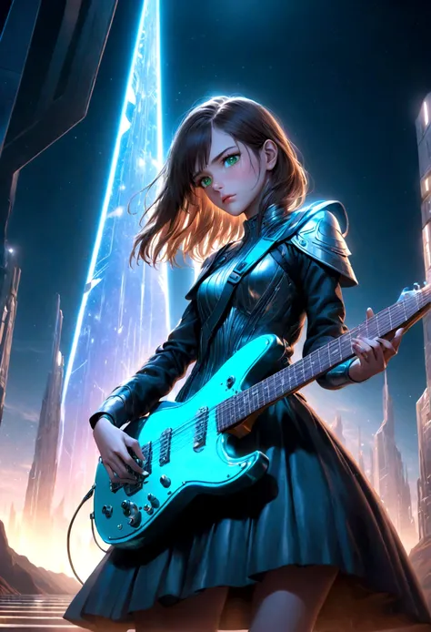 a beautiful young woman with brown hair, striking green eyes, detailed facial features, wearing a shimmering silver and blue sci-fi inspired costume, holding an electric guitar, standing on a neon-lit stage, dramatic sci-fi landscape of Alderaan in the bac...