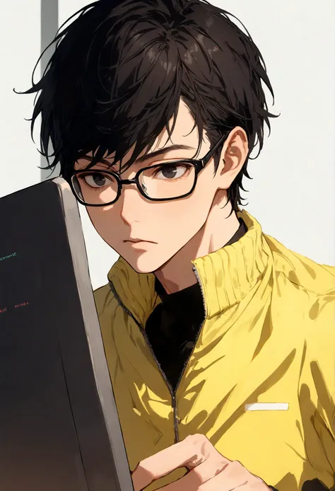 male with short black hair, black eyes, black-rimmed glasses, black and yellow sportswear, likes programming