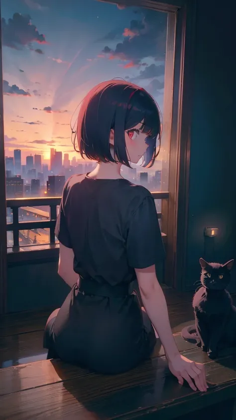 girl with short bob hair,Red eyes ,A shining heaven,in heaven,Sitting,Petting a black cat,View from behind,A distant view