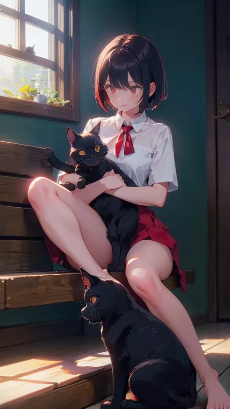 girl with short bob hair,Red eyes ,A shining heaven,in heaven,Sitting,Petting a black cat