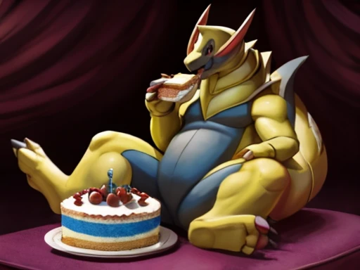 Pokemon Haxorus, , reclining , eating a large cake 