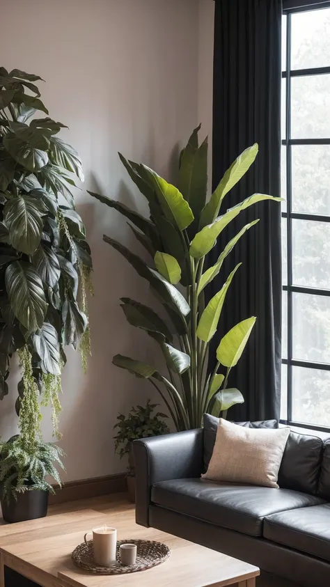 Dark living room with sofa, coffee table, and plants, Photos by Karl Völker, Unsplash Contest Winners, Minimalism, cozy place, Comfortable and peaceful atmosphere, comfortable and calm, cozy atmosphere, Comfortable room, comfortable lighting, Comfortable a...