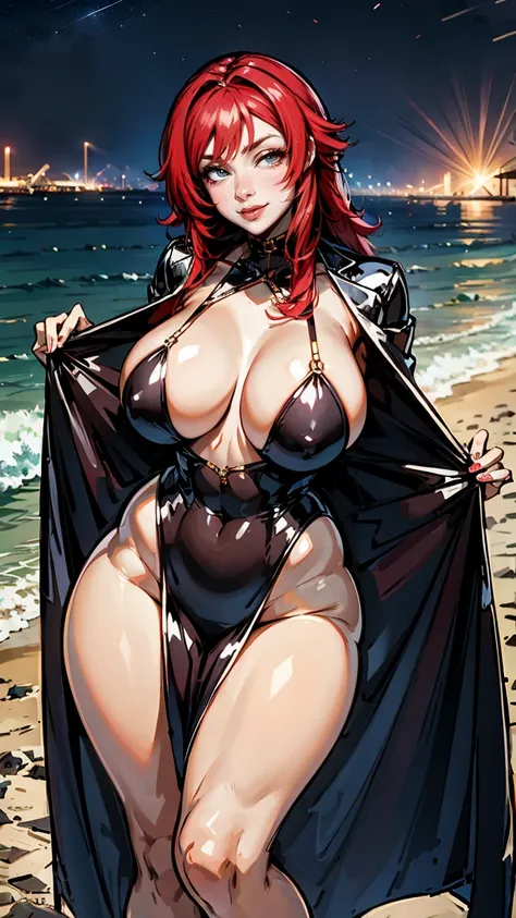 Rias Gremory, milf, mujer mayor, cabello rojo, deep v dress, (( deep v dress Black, plunging neckline, breast curtains, Revealing clothes, ruborizada, sonrisa coqueta)) ,  (( ruborizada, sonrisa, feliz, oiled skin)),  very large hair, red hair, su cabello ...