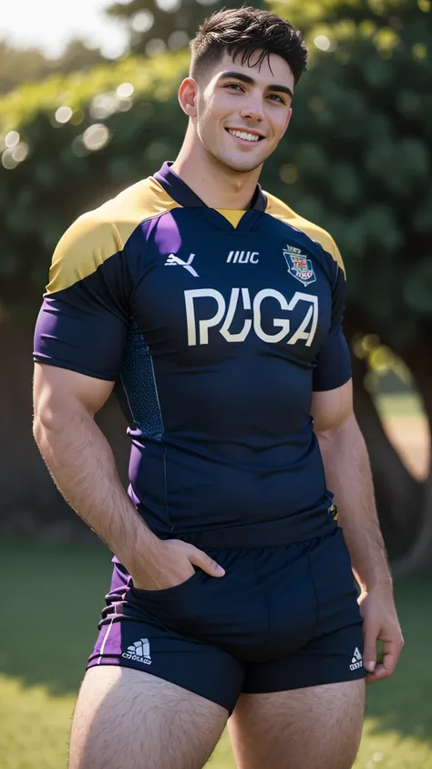 NickEh30 youtuber as rugby player ,Full body, sport tight pants,NickEh30 with rugby esportive purple dirty uniform, Black short hair fade , captivating large openned smile, shaved NickEh30 face, VPL, very happy, volumeric light, NickEh30 wearing team rugby...