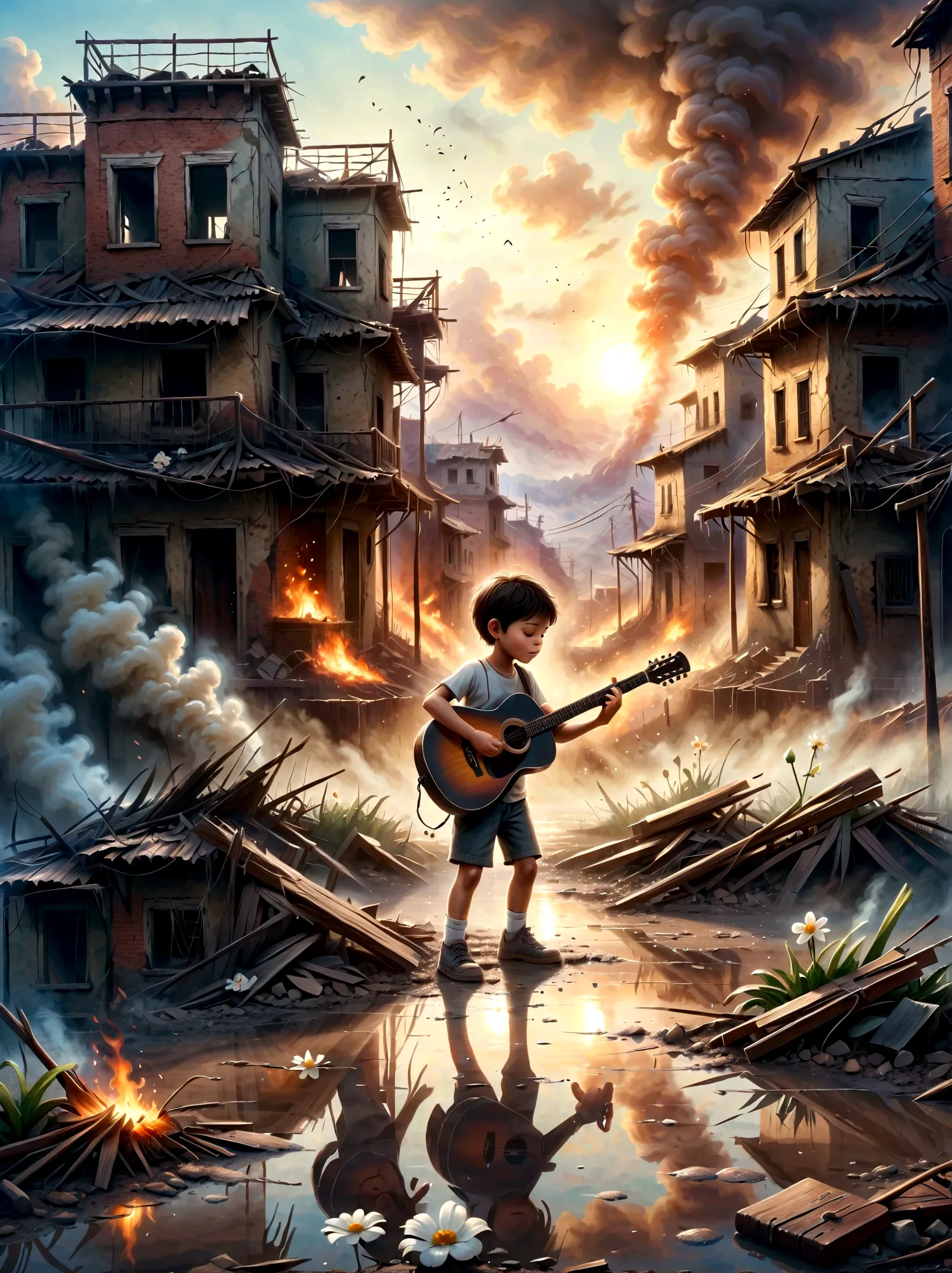 in the midst of war, smoggy ruins, a child is playing guitar. this scene captures the stark contrast between the devastation of ...