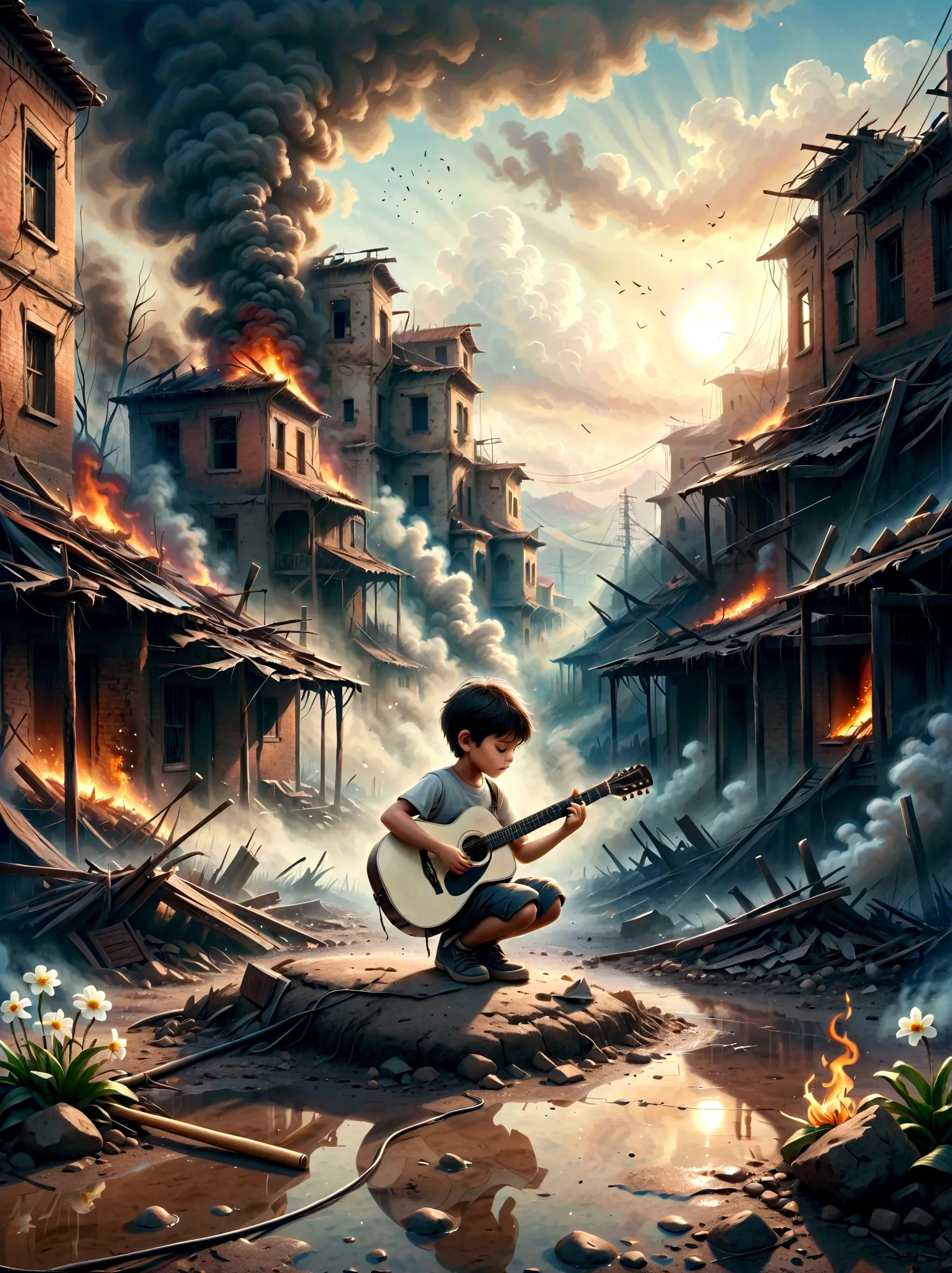 in the midst of war, smoggy ruins, a child is playing guitar. this scene captures the stark contrast between the devastation of ...