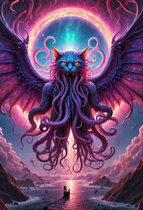 high resolution, high quality, masterpiece. cathulhu, a fusion of cthulhu and a cat, descends joyfully upon the planet, wings an...