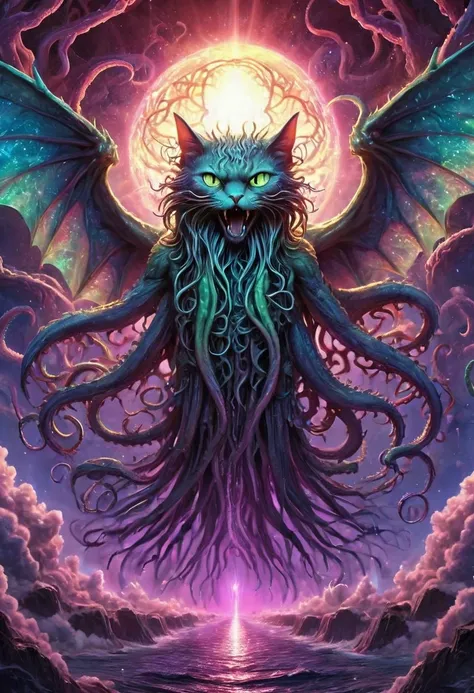 high resolution, high quality, masterpiece. cathulhu, a fusion of cthulhu and a cat, descends joyfully upon the planet, wings an...