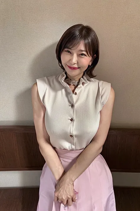 (high quality)、(high resolution)、Professional Lighting、50-year-old woman、Thin and beautiful legs、Narrow waist、(Big Breasts)、Erect nipples、whole body、Smiling and ecstatic expression、A classy sleeveless blouse with buttons and a collar、skirt、sofa、(Place your...