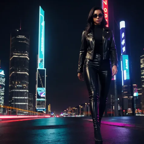 Cinematic full body photograph of a beautiful  female walking toward the camera, slim fit slender toned lean,  leather pants, black jacket, city of the future, neon city, hologram billboards