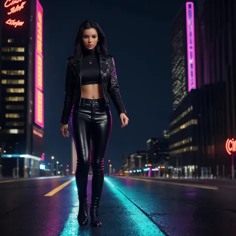 Cinematic full body photograph of a beautiful  female walking toward the camera, slim fit slender toned lean,  leather pants, black jacket, city of the future, neon city, hologram billboards