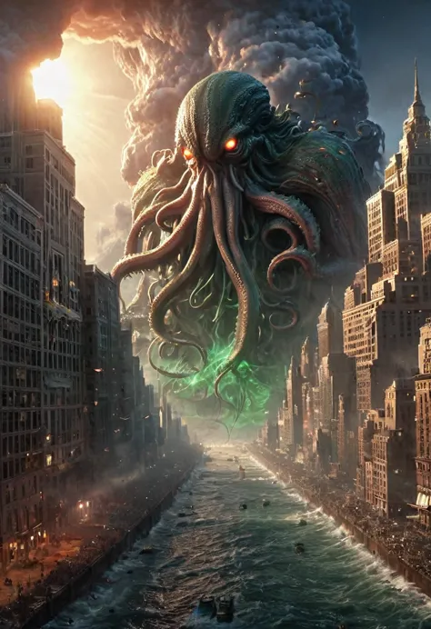 massive cthulhu emerges from the depths, towering over a sprawling metropolis, tsunamic fury reshaping the cityscape, chaos unfu...